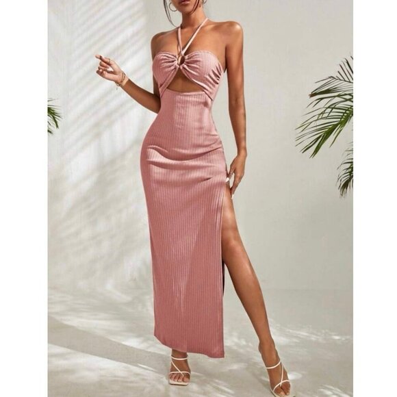 NWT SHEIN Vacay Pink Maxi Slit Cutout Halter Bodycon Dress Women’s Size Small - Picture 1 of 7